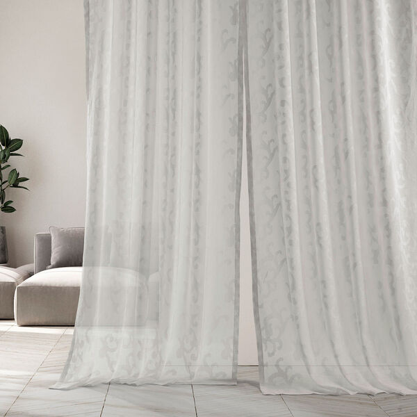 White Scroll Patterned Faux Linen Sheer Curtain Single Panel, image 3