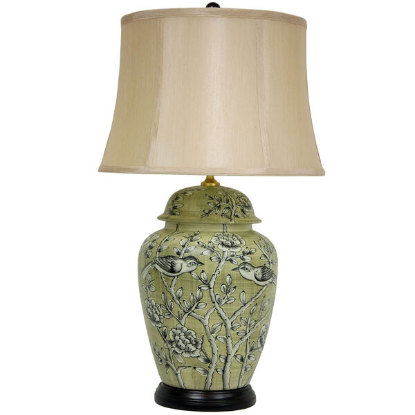 25-inch Jade Green Birds and Flowers Lamp, image 1