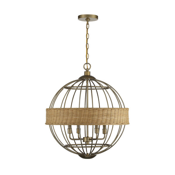 Boreal Warm Brass and Natural Rattan Four-Light Pendant, image 1