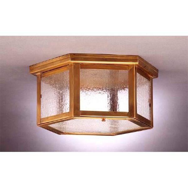 Medium Antique Brass Hexagon Ceiling Light with Seedy Marine Glass, image 1