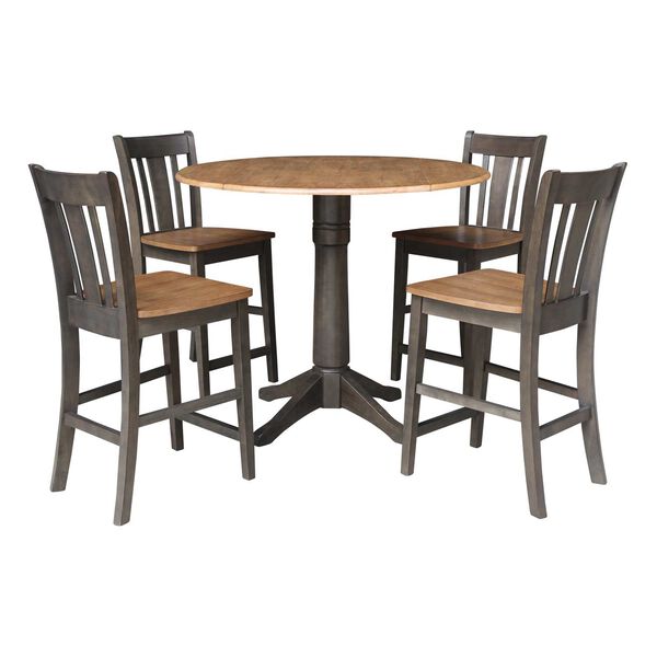 Hickory Washed Coal Round Dual Drop Leaf Counter Height Dining Table with Four Splatback Stools, image 1