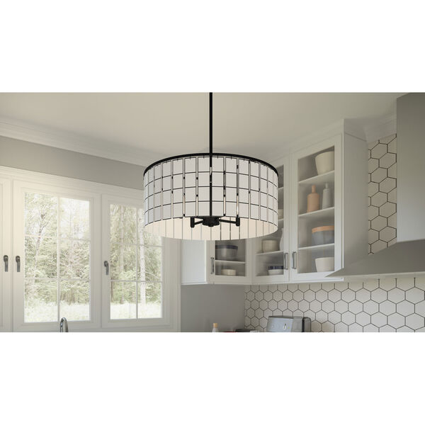 Seigler Matte Black Four-Light Pendant with Etched Glass Panels, image 3