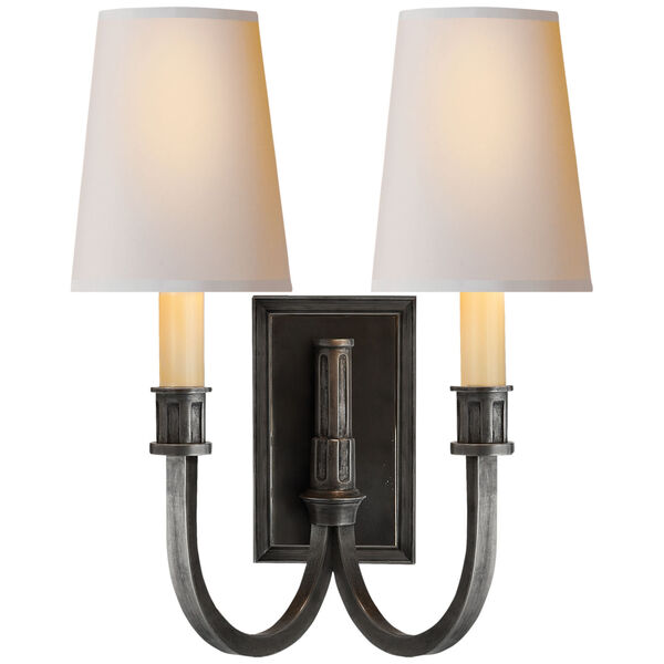 Modern Library Double Sconce in Bronze with Natural Paper Shades by Thomas O'Brien, image 1