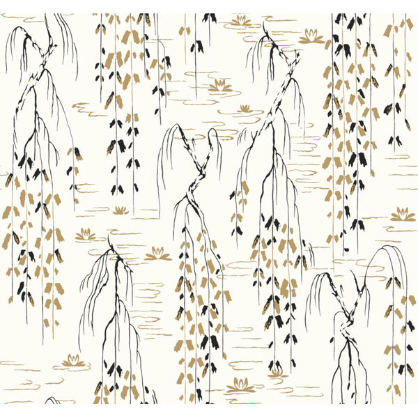Ronald Redding Tea Garden White, Black and Gold Willow Branches Wallpaper, image 2