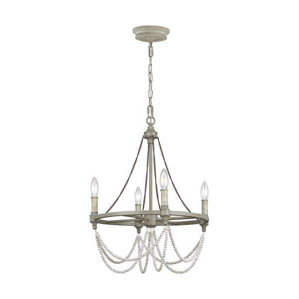 Beverly French Washed Oak Distressed White Wood Four-Light Chandelier, image 1