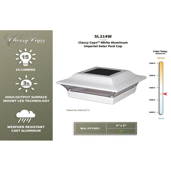 White Aluminum Imperial 5X5 LED Solar Powered Post Cap, image 6
