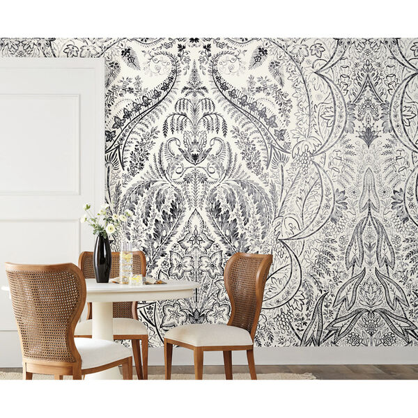 Damask Resource Library Black and White 108 In. x 134 In. Jaipur Paisley Wallpaper Mural, image 1