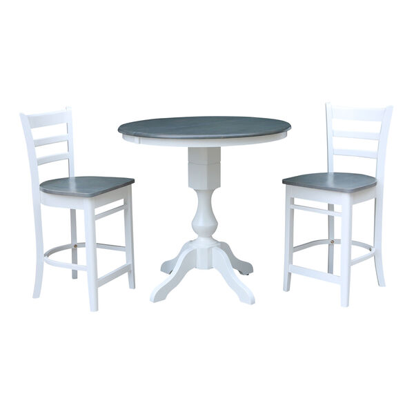 White and Heather Gray 36-Inch Round Extension Dining Table with Two Counter Stool, Three-Piece, image 2
