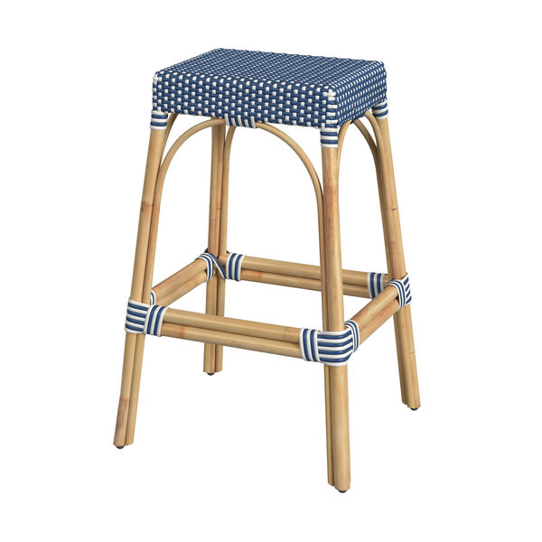 Robias Bright Sky Blue and White on Natural Rattan Bar Stool, image 1