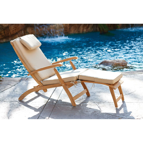 Steamer Natural Teak Folding Outdoor Deck Chair Lounge with Sunbrella Antique Beige Cushion, image 1