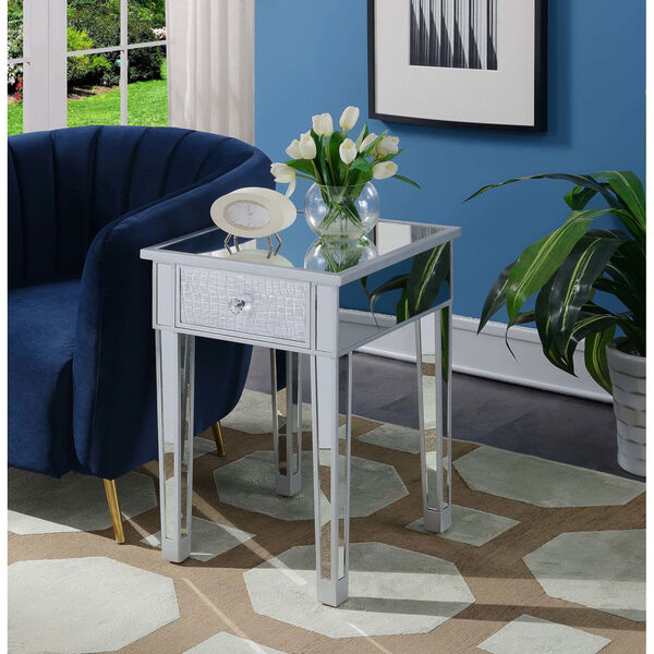 Gold Coast Silver Faux Croc Mirrored End Table with Drawer, image 1