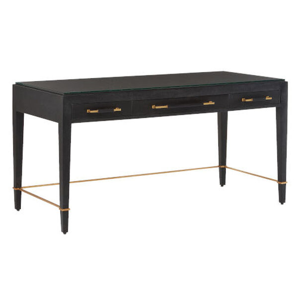 Verona Black Lacquered Linen and Champagne Metal Large Desk, image 2