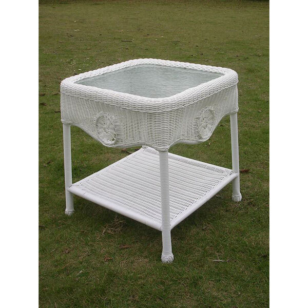 Wicker Glass Top Side Table, White, image 1