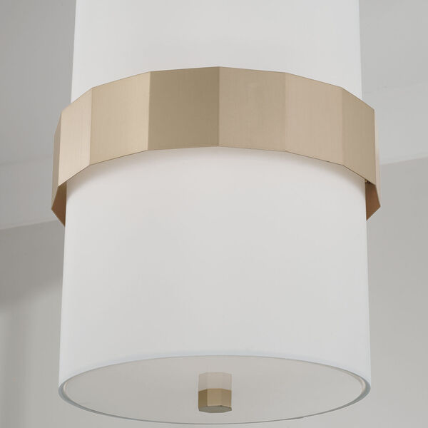 Sutton Soft Gold Two-Light Drum Pendant with White Fabric Shade and Frosted Glass Diffuser, image 6