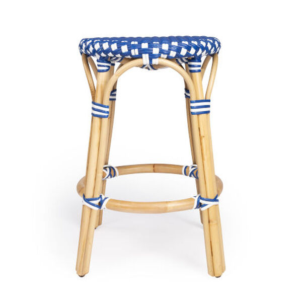 Tobias Bright Sky Blue and White Dot on Natural Rattan Counter Stool, image 4
