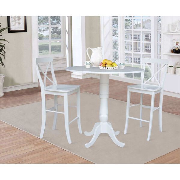 White Round Pedestal Bar Height Drop Leaf Table with Stools, 3-Piece, image 1