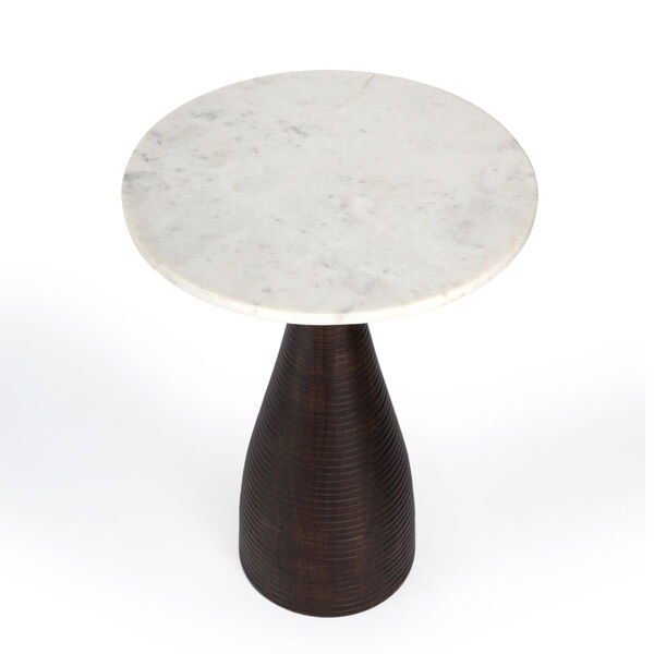 Julia Brown and White Pedestal End Table with Marble Top, image 4