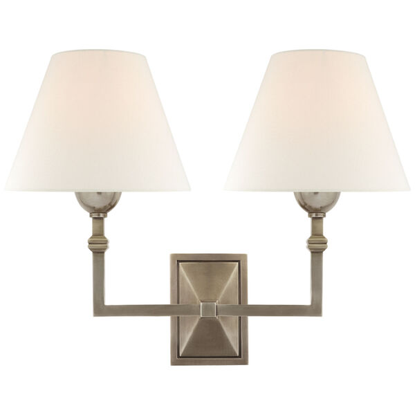 Jane Double Sconce in Antique Nickel with Linen Shade by Alexa Hampton, image 1