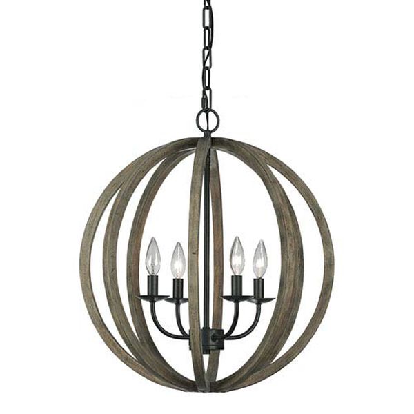 Allier Weather Oak Wood and Antique Forged Iron Four-Light Pendant, image 1