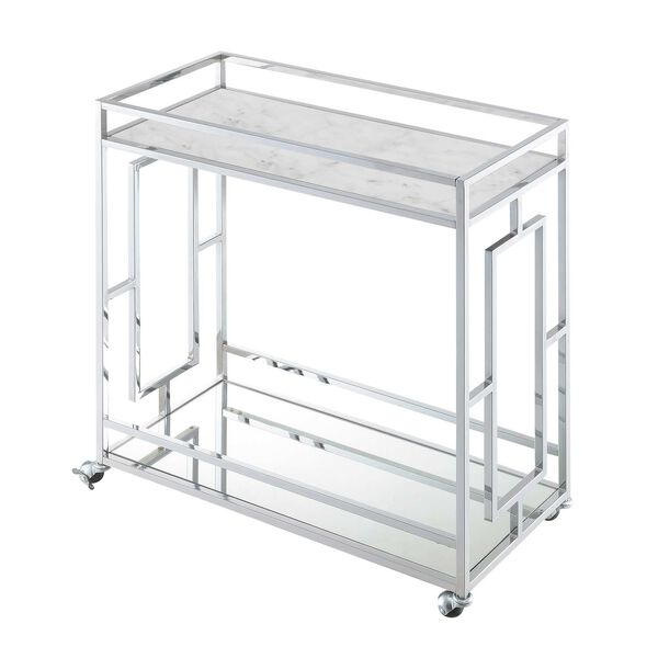 Town Square White Marble Mirror Chrome Marble Mirrored Bar Cart with Shelf, image 1