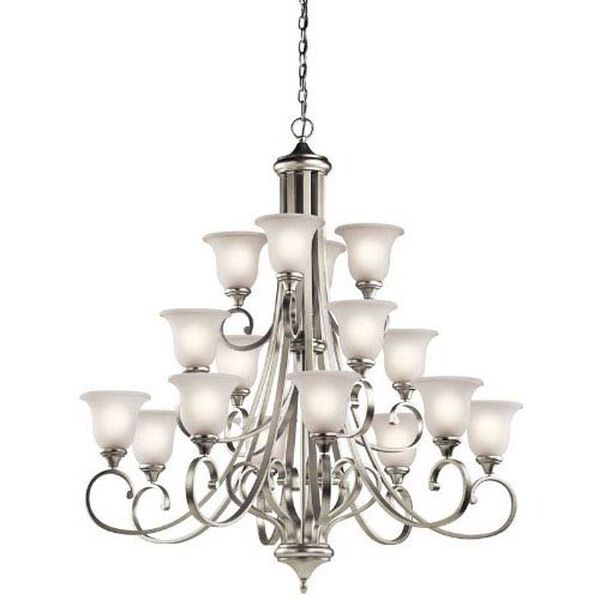 Monroe Brushed Nickel 16 Light Three Tier Chandelier with White Scavo Glass, image 1