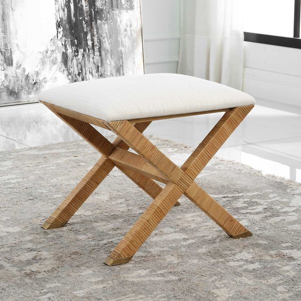 St. Tropez Natural and White Rattan Small Bench, image 2