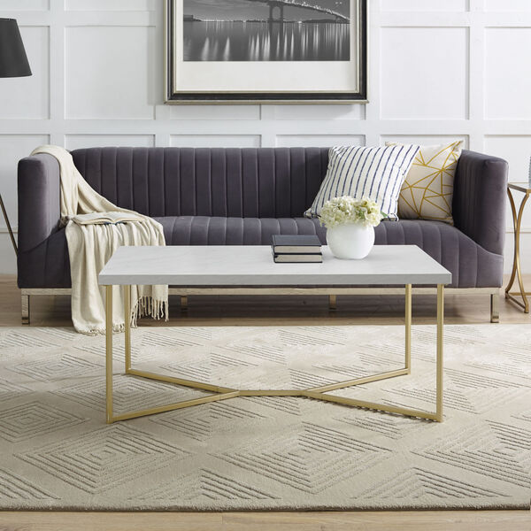 White Faux Marble and Gold Coffee Table, image 2