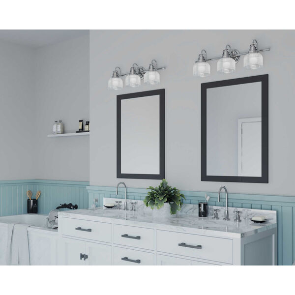 Archie Polished Chrome Three-Light Bath Fixture with Clear Double Prismatic Glass Shades, image 2