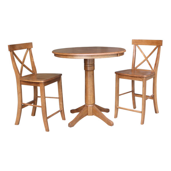 Distressed Oak 36-Inch Round Extension Dining Table with Two X-Back Stool, image 1