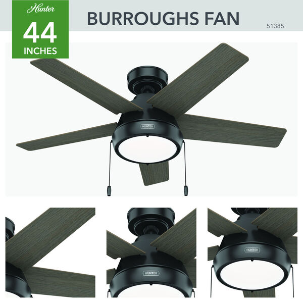 Burroughs Matte Black 44-Inch Ceiling Fan with LED Light Kit and Pull Chain, image 4
