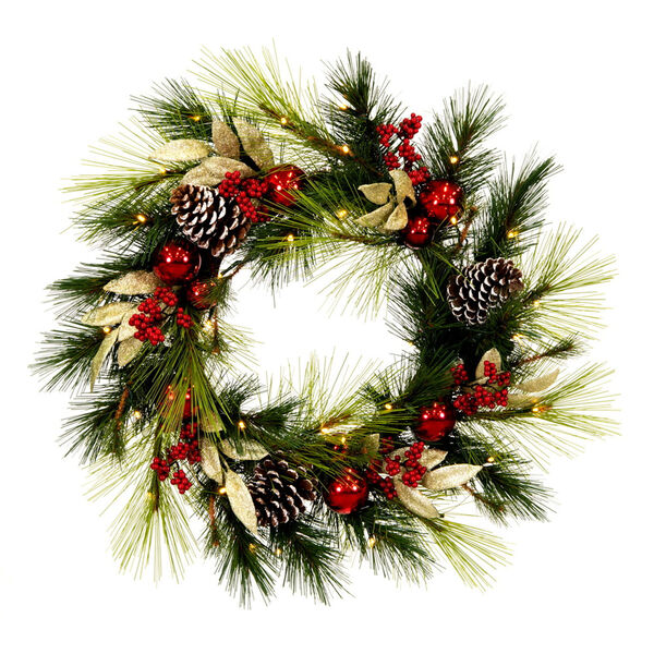 Green 24 In. Artificial Christmas Wreath with Red Berries and Battery Operated Warm White Lights, image 1