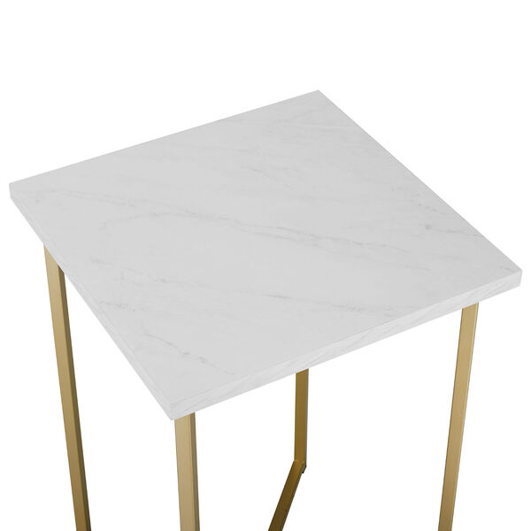 Faux White Marble and Gold Wood Square Side Table, Set of Two, image 4
