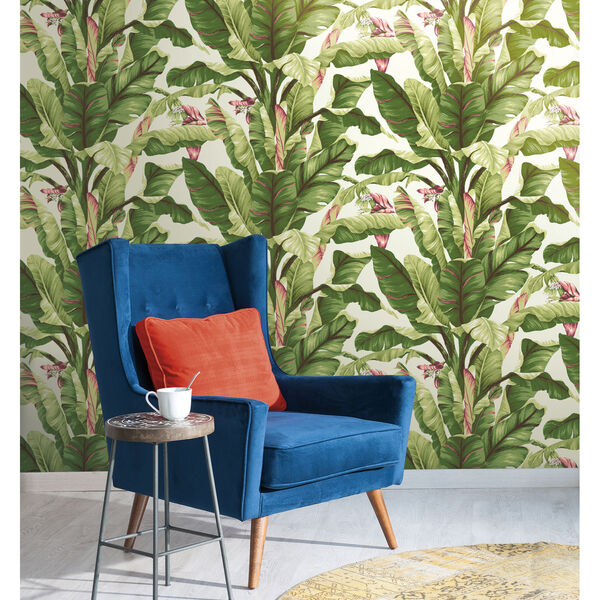 Ashford House Tropics White and Green Banana Leaf Wallpaper, image 2