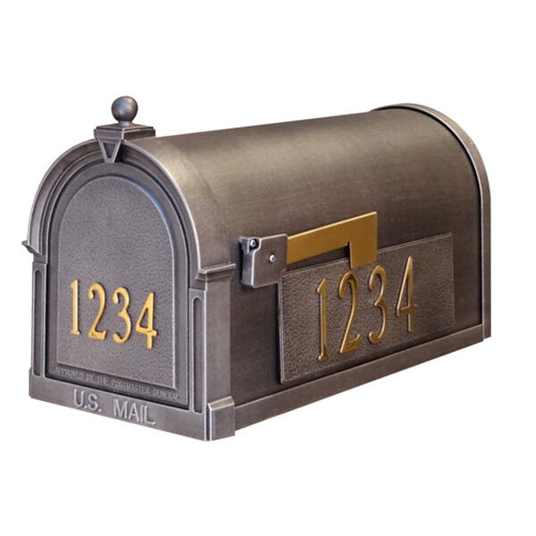 Personalized Berkshire Mailbox in Swedish Silver with Brass Front and Side Numbers and Tacoma Post, image 1