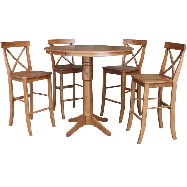 Distressed Oak 42-Inch Round Extension Dining Table with Four X-Back Stool, image 1