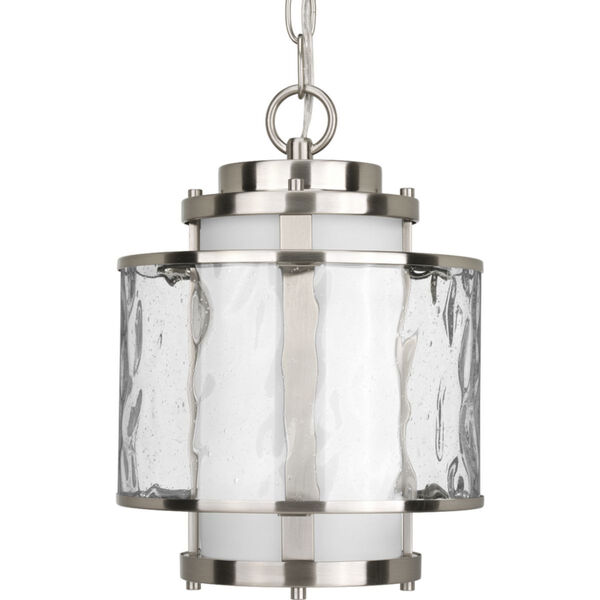 Bay Court Outdoor Brushed Nickel One-Light Outdoor Pendant with Distressed Clear and Etched Opal Glass Cylinder, image 1