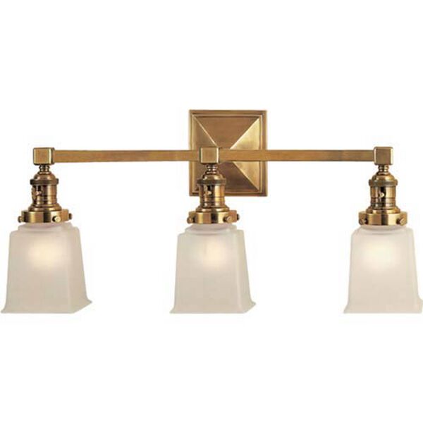 Boston Square Triple Light Sconce in Hand-Rubbed Antique Brass with Frosted Glass by Chapman and Myers, image 1