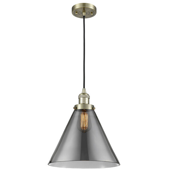 X-Large Cone Antique Brass One-Light Pendant with Smoked Glass, image 1