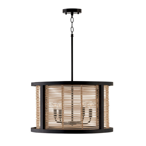 Rico Flat Black Four-Light Pendant Made with Handcrafted Mango Wood and Rattan, image 1