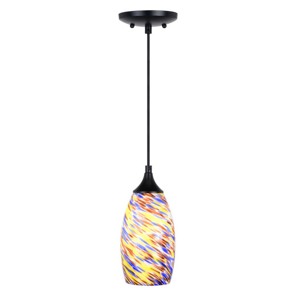 Milano Matte Black One-Light Mini Pendant with Multi Color Swirl Art Glass, image 1