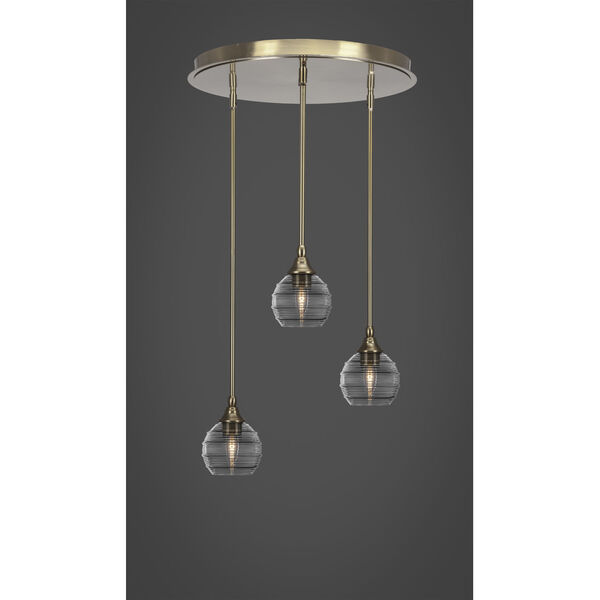 Empire New Age Brass Three-Light Cluster Pendalier with Six-Inch Clear Ribbed Glass, image 2