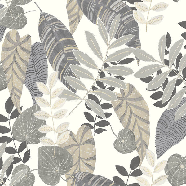 Boho Rhapsody Charcoal, Stone and Daydream Gray Tropicana Leaves Unpasted Wallpaper, image 2