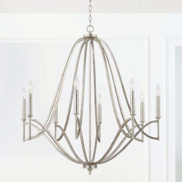 Sylvia Antique Silver Eight-Light Chandelier with White Fabric Stay Straight Shades, image 5