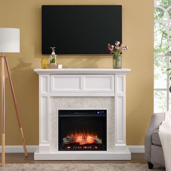 Nobleman White Electric Media Fireplace with Tile Surround, image 1