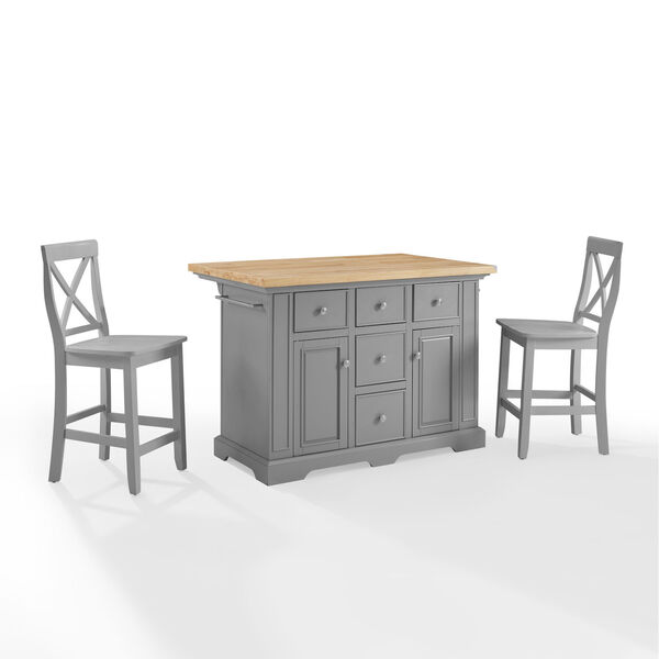 Julia Gray Wood Top Kitchen Island with X-Back Stool, 3-Piece, image 6