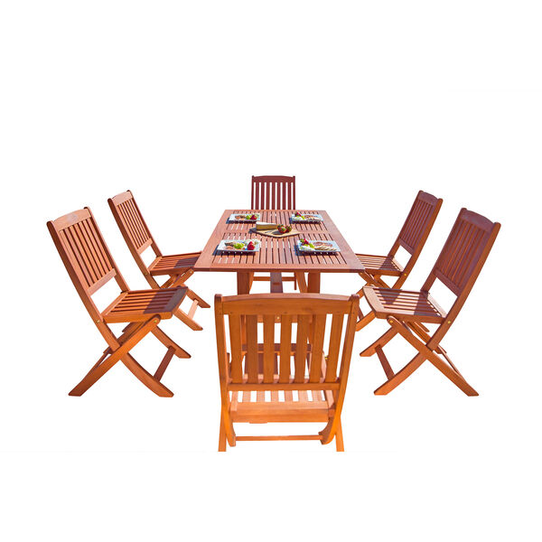 Malibu Outdoor 7-piece Wood Patio Dining Set with Curvy Leg Table and Folding Chairs, image 1