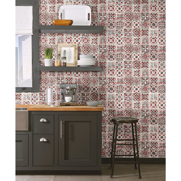 Stonecraft Encaustic Red Tile Peel and Stick Wallpaper, image 1