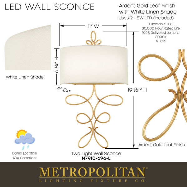 Gianella Ardent Gold Leaf Two-Light LED Wall Sconce, image 2