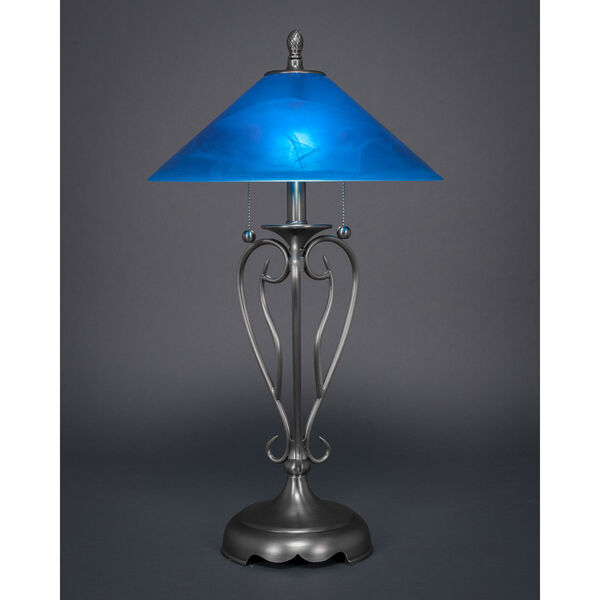 Olde Iron Brushed Nickel Two-Light Table Lamp with Blue Italian Glass Shade, image 1