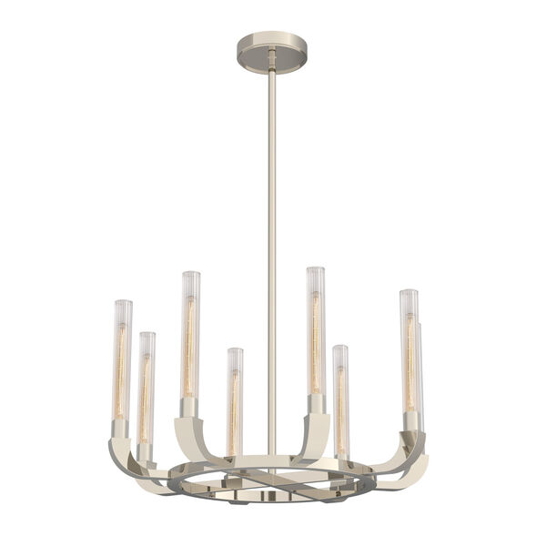 Flute Polished Nickel Eight-Light Chandelier with Ribbed Glass, image 1